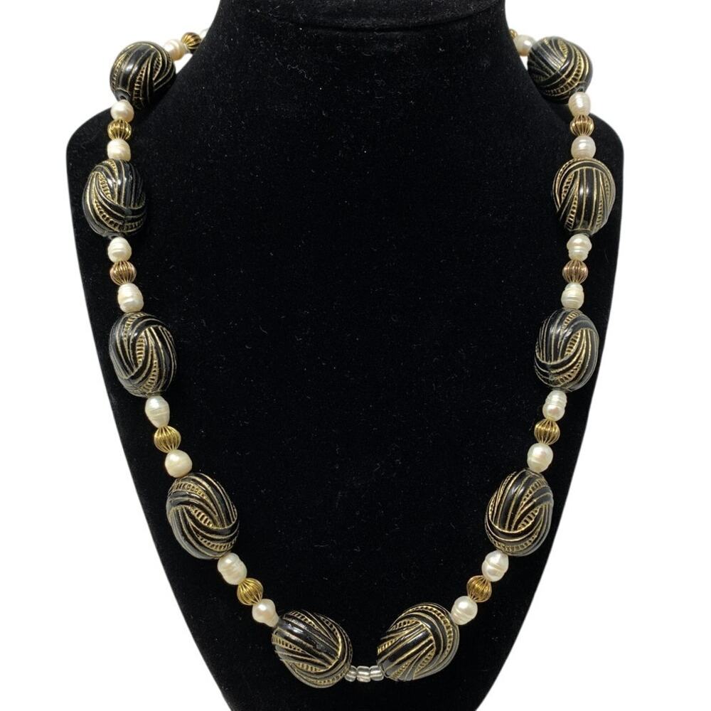 Handmade Artisan Beaded Necklace Black Gold White Pearl Beads Toggle Clasp